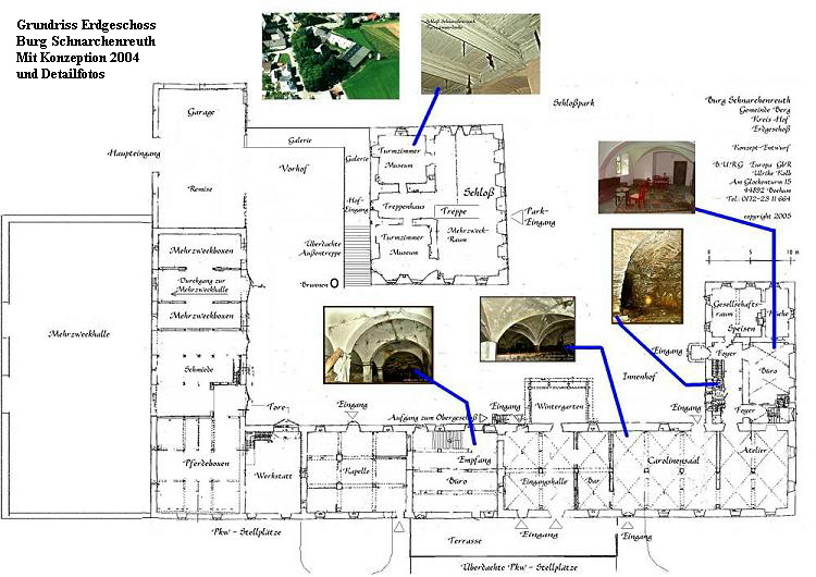 Grundriss Erdgeschoss
     Burg Schnarchenreuth
     Mit Konzeption 2004
     und Detailfotos